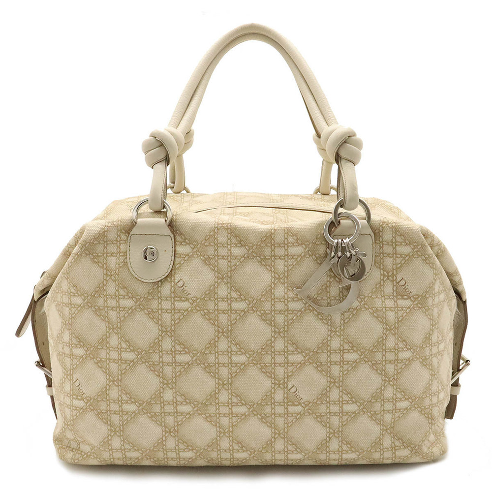 Christian Dior Cannage Panarea Handbag Boston Bag Canvas Leather Beige Cream